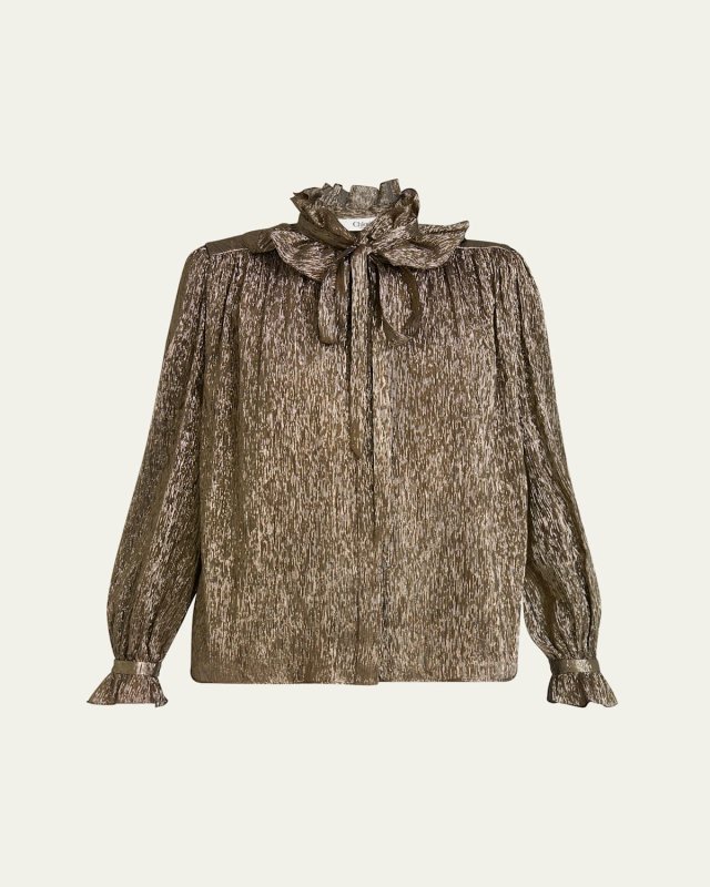 Metallic Silk Ruffle Neck-Tie Top